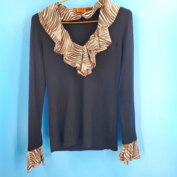 Tory Burch black wool sweater tan striped silk trim *flaw* - Picture 1 of 16